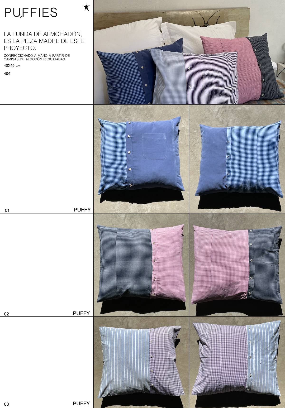 PUFFIES. LA FUNDA DE ALMOHADÓN, ES LA PIEZA MADRE DE ESTE PROYECTO.. CONFECCIONADO A MANO A PARTIR DE CAMISAS DE ALGODÓN RESCATADAS.
